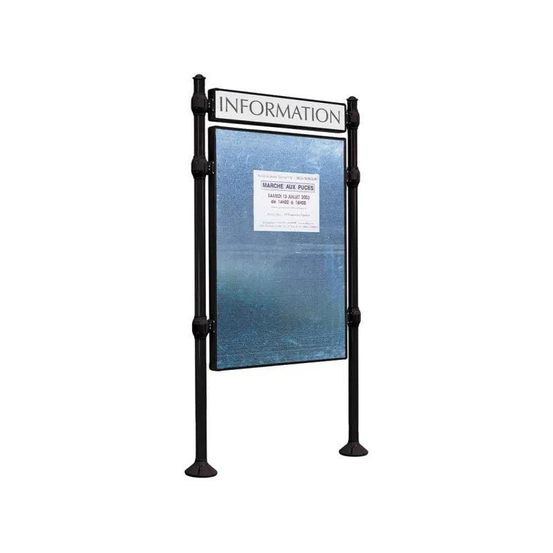 Panneau d'affichage vertical en extérieur à fixer avec bandeau titre, avec pommeau agora noir