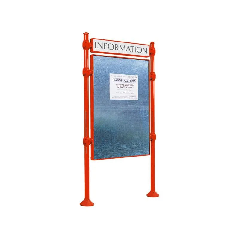 Panneau d'affichage vertical en extérieur à fixer avec bandeau titre, avec pommeau agora rouge