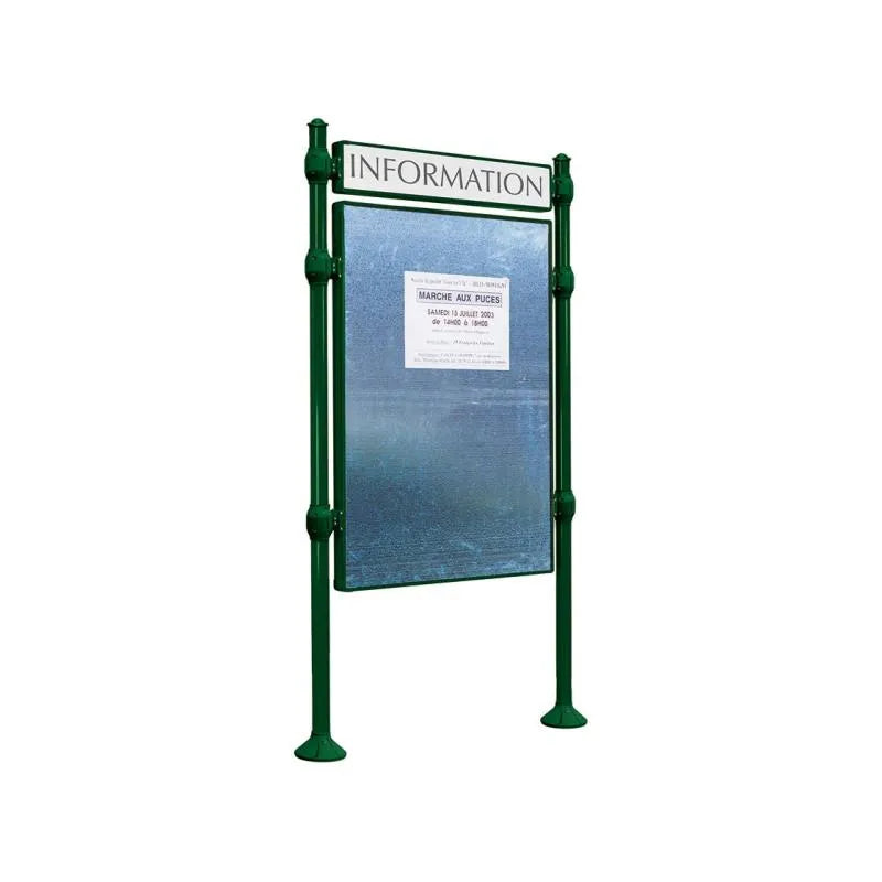 Panneau d'affichage vertical en extérieur à fixer avec bandeau titre, avec pommeau agora vert