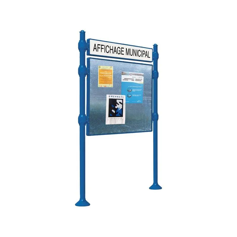 Panneau d'affichage horizontal en extérieur à fixer avec bandeau titre, avec pommeau agora bleu