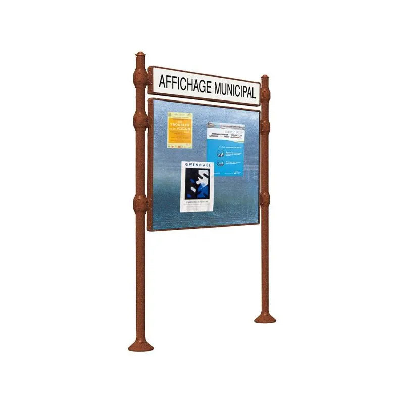 Panneau d'affichage horizontal en extérieur à fixer avec bandeau titre, avec pommeau agora corten