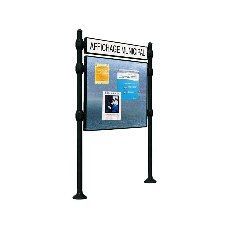 Panneau d'affichage horizontal en extérieur à fixer avec bandeau titre, avec pommeau agora noir