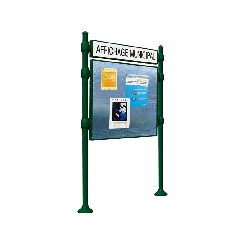 Panneau d'affichage horizontal en extérieur à fixer avec bandeau titre, avec pommeau agora vert