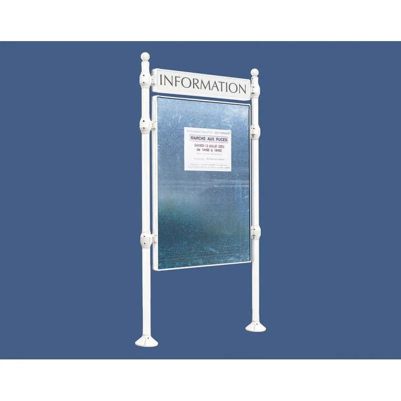 Panneau d'affichage vertical en extérieur à fixer avec bandeau titre, avec pommeau boule blanc