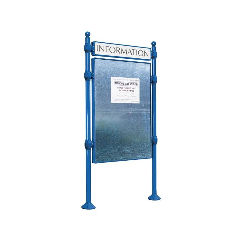 Panneau d'affichage vertical en extérieur à fixer avec bandeau titre, avec pommeau boule bleu