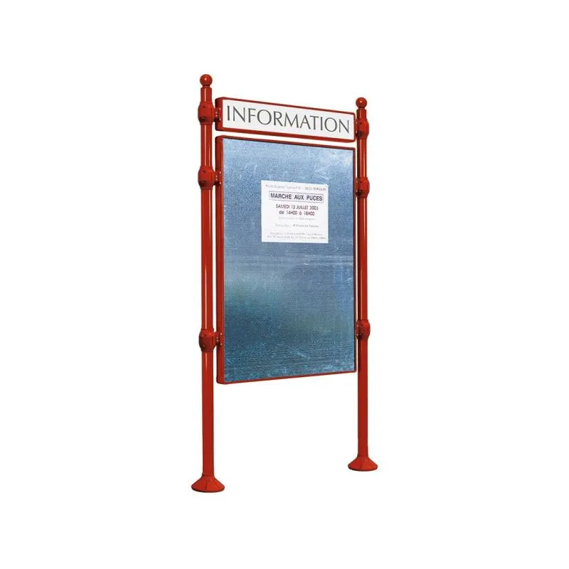 Panneau d'affichage vertical en extérieur à fixer avec bandeau titre, avec pommeau boule bordeaux
