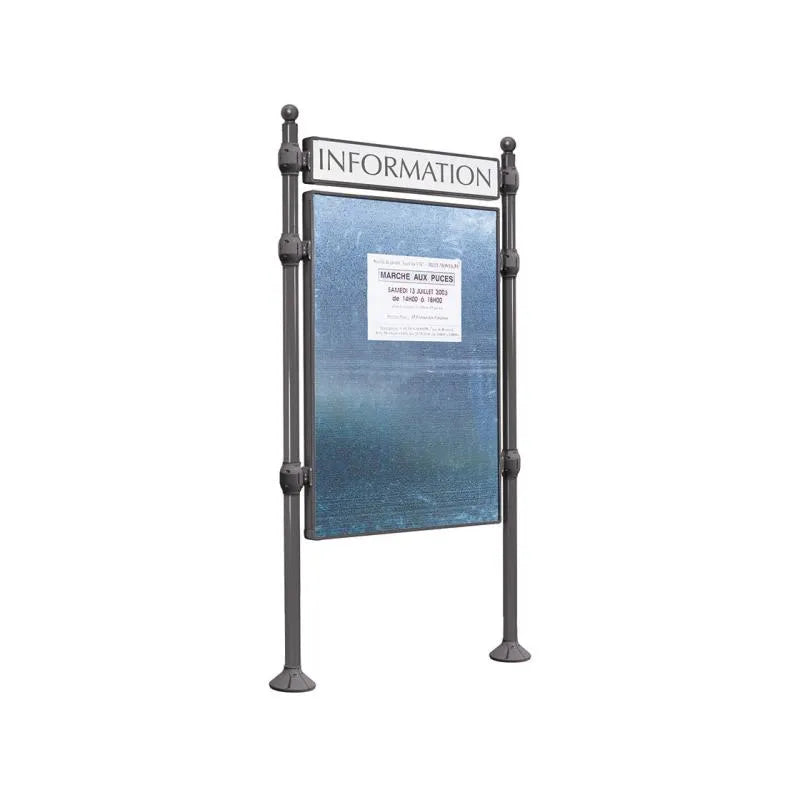 Panneau d'affichage vertical en extérieur à fixer avec bandeau titre, avec pommeau boule gris city