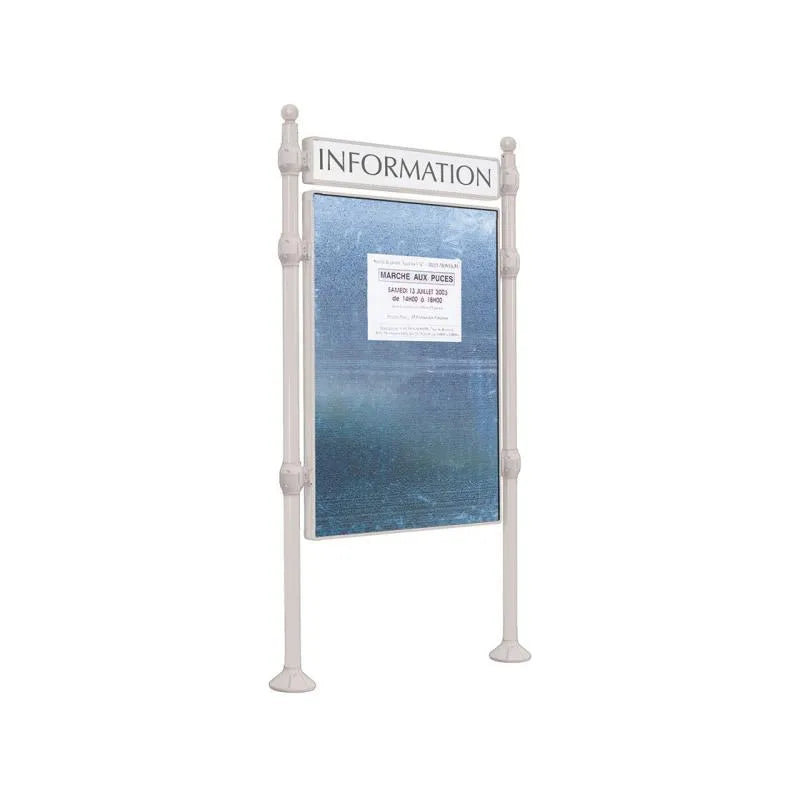 Panneau d'affichage vertical en extérieur à fixer avec bandeau titre, avec pommeau boule gris clair