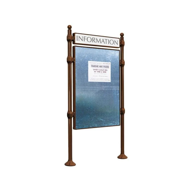 Panneau d'affichage vertical en extérieur à fixer avec bandeau titre, avec pommeau boule marron