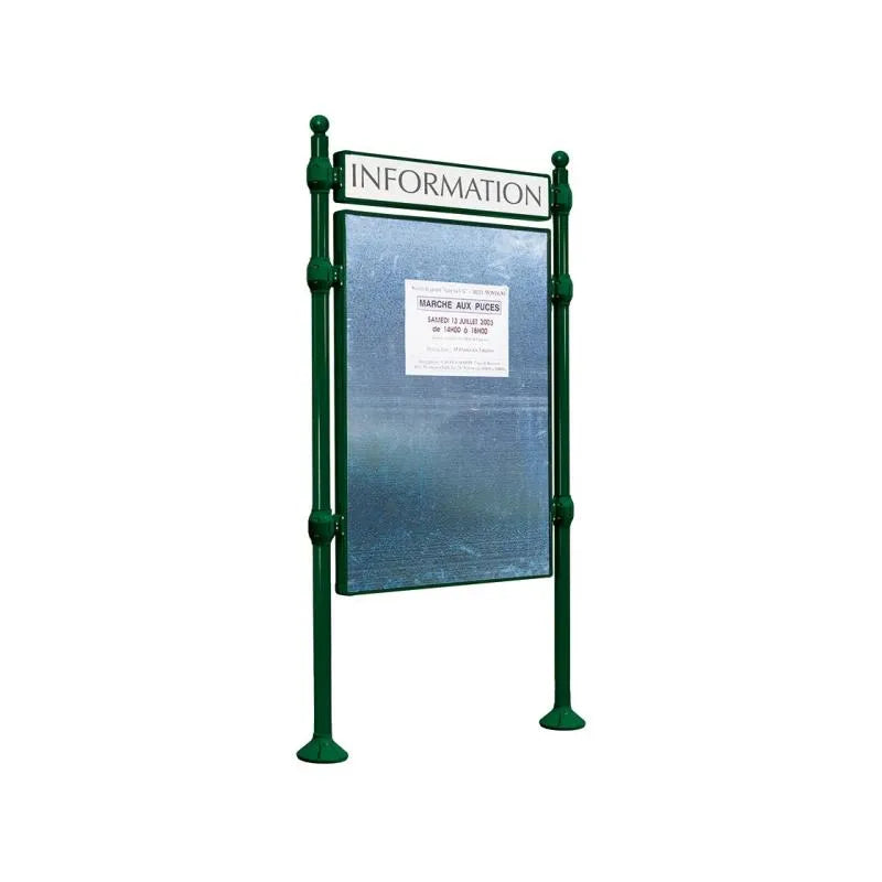 Panneau d'affichage vertical en extérieur à fixer avec bandeau titre, avec pommeau boule vert