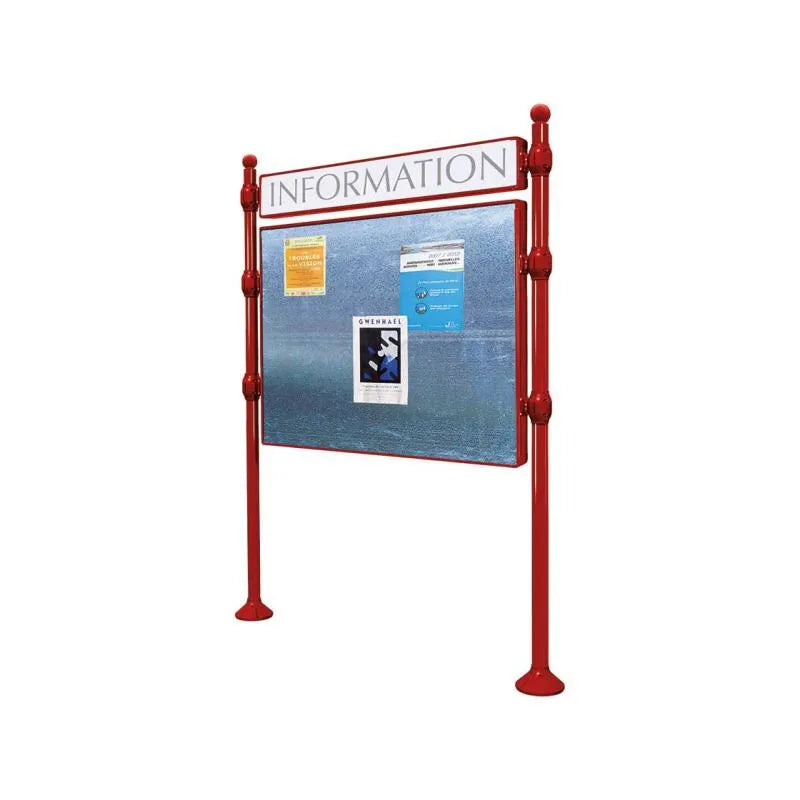 Panneau d'affichage horizontal en extérieur à fixer avec bandeau titre, avec pommeau boule bordeaux