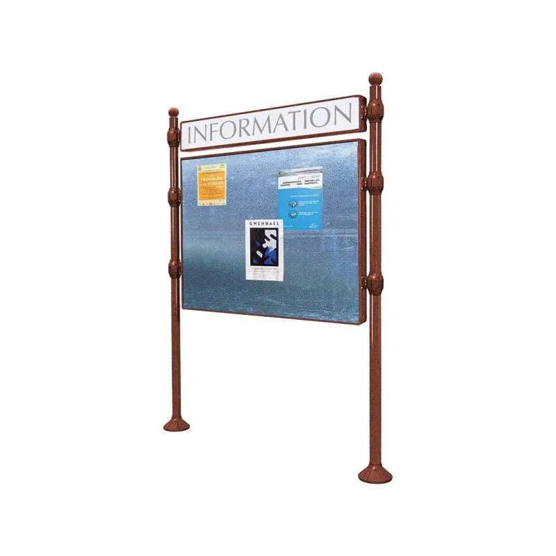 Panneau d'affichage horizontal en extérieur à fixer avec bandeau titre, avec pommeau boule corten