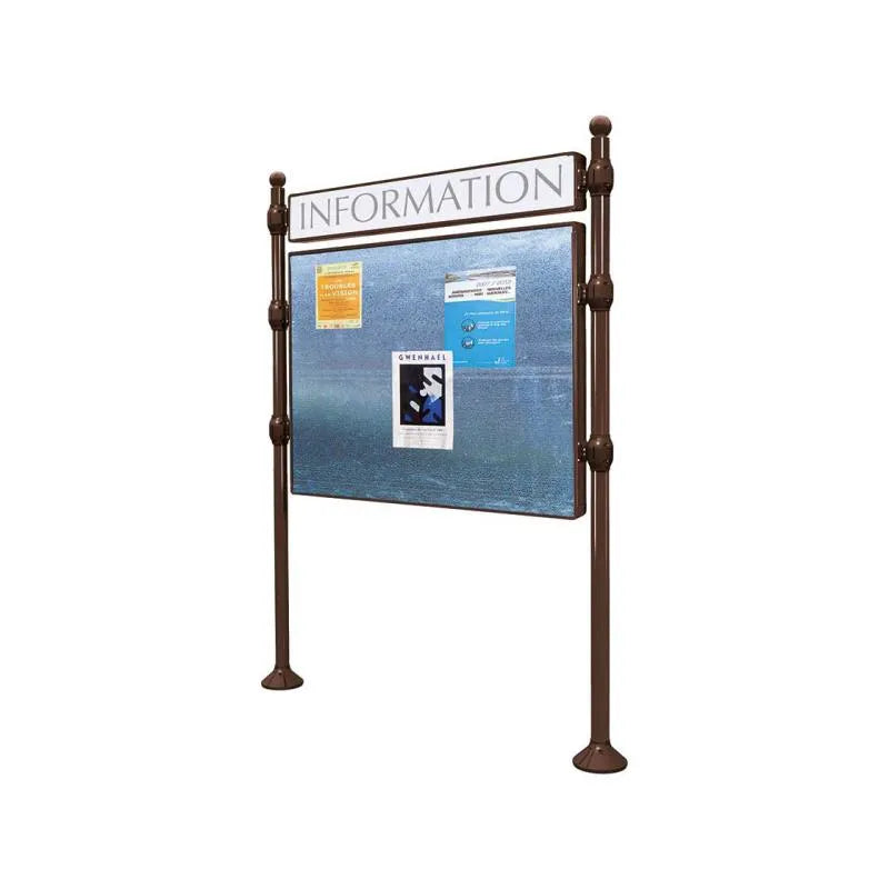 Panneau d'affichage horizontal en extérieur à fixer avec bandeau titre, avec pommeau boule marron
