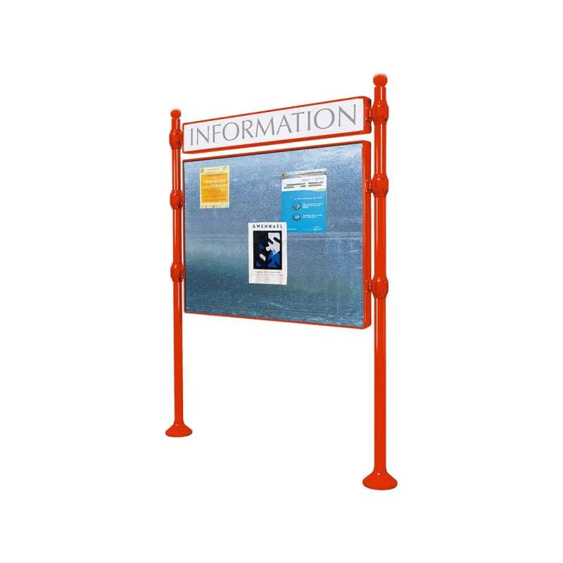 Panneau d'affichage horizontal en extérieur à fixer avec bandeau titre, avec pommeau boule rouge