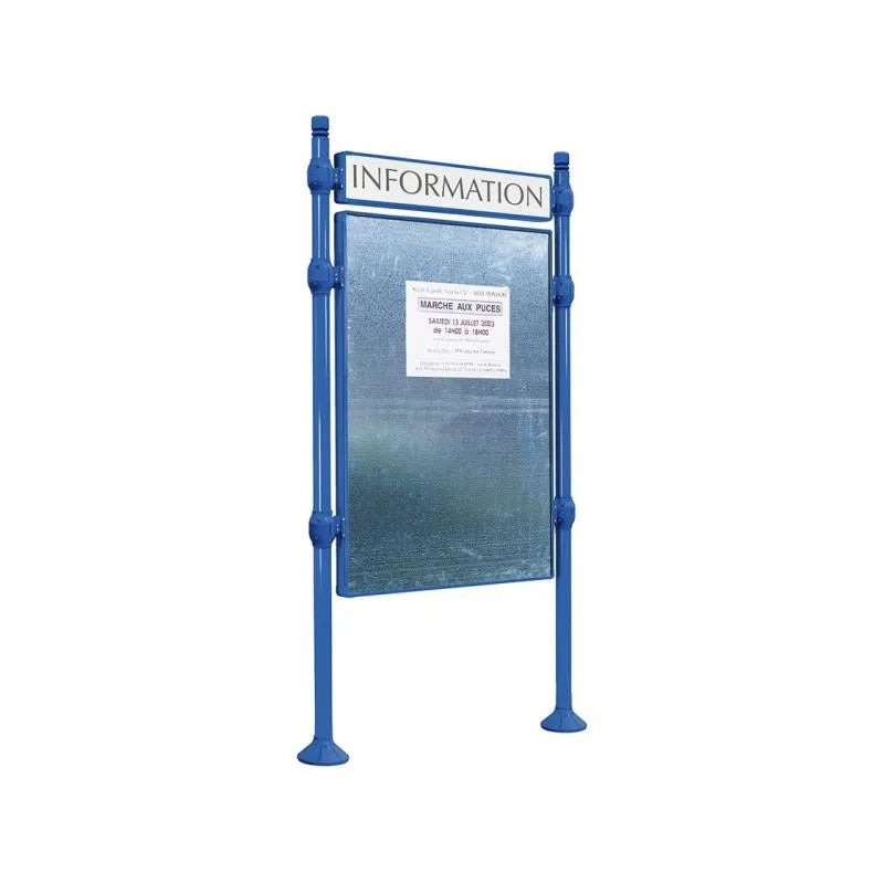 Panneau d'affichage vertical en extérieur à fixer avec bandeau titre, avec pommeau city bleu