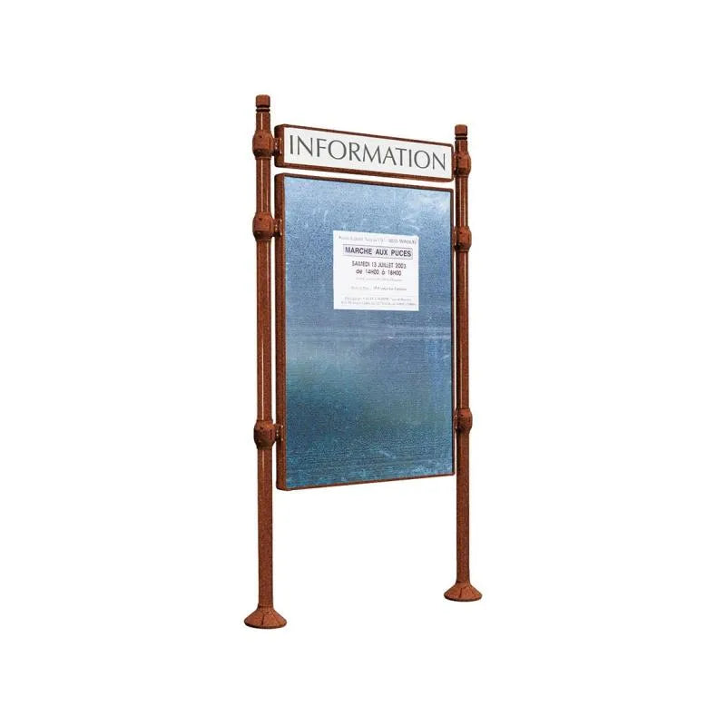 Panneau d'affichage vertical en extérieur à fixer avec bandeau titre, avec pommeau city corten