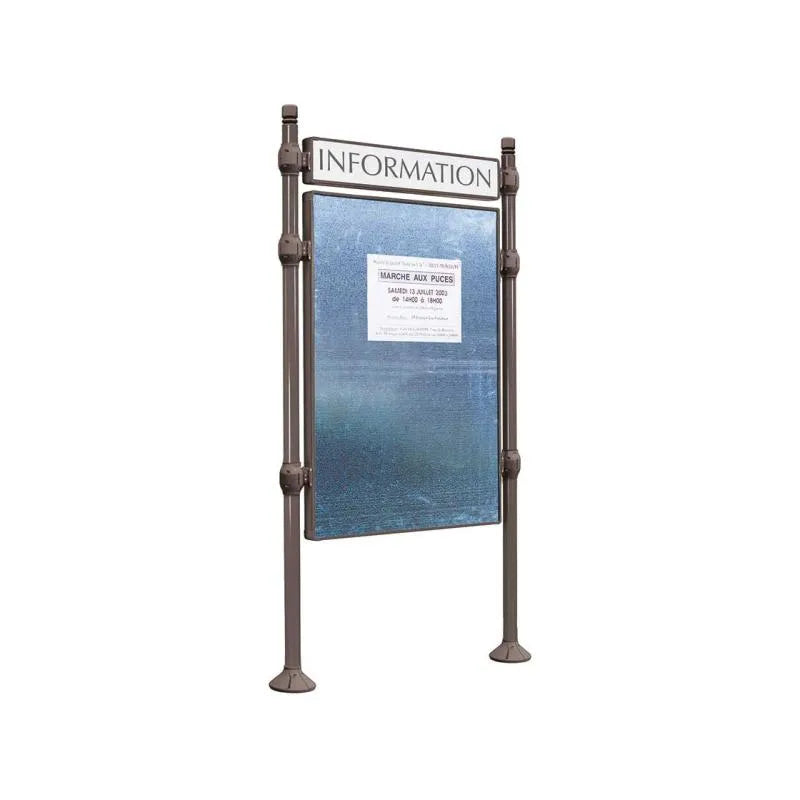 Panneau d'affichage vertical en extérieur à fixer avec bandeau titre, avec pommeau city gris city