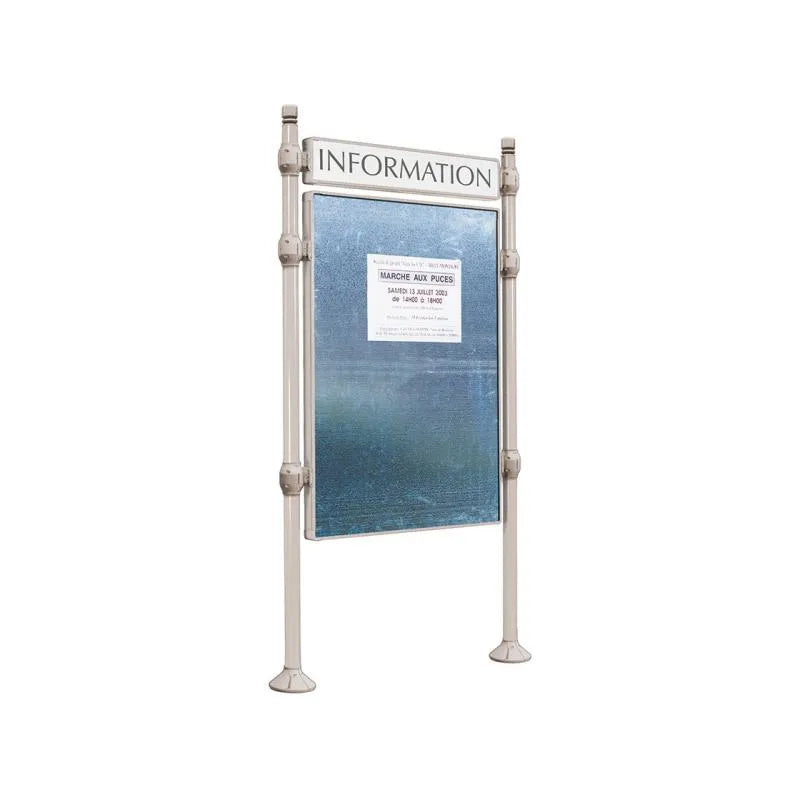 Panneau d'affichage vertical en extérieur à fixer avec bandeau titre, avec pommeau city gris clair
