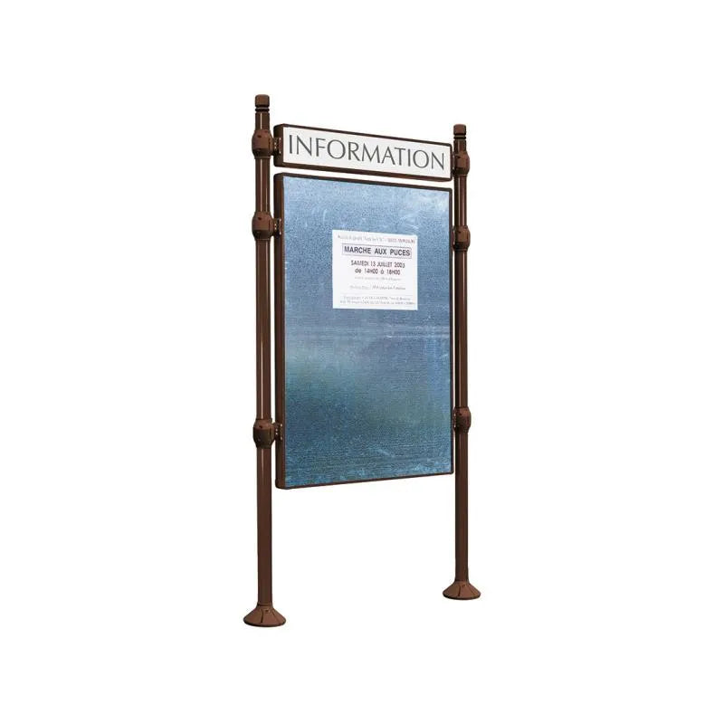 Panneau d'affichage vertical en extérieur à fixer avec bandeau titre, avec pommeau city marron