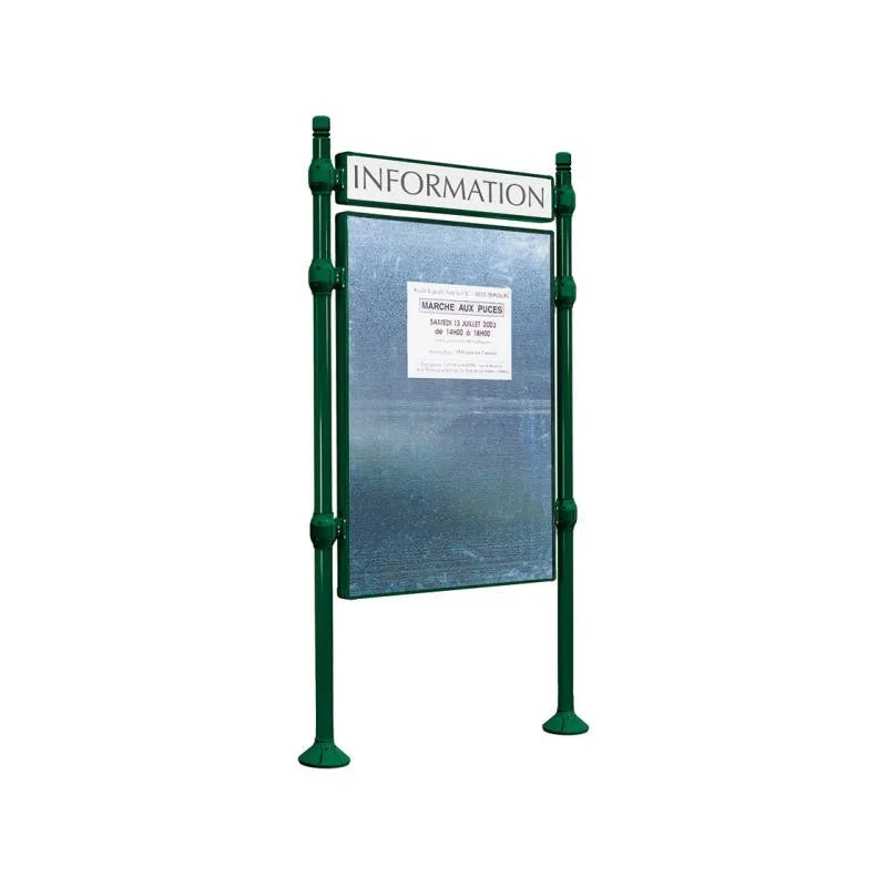 Panneau d'affichage vertical en extérieur à fixer avec bandeau titre, avec pommeau city vert