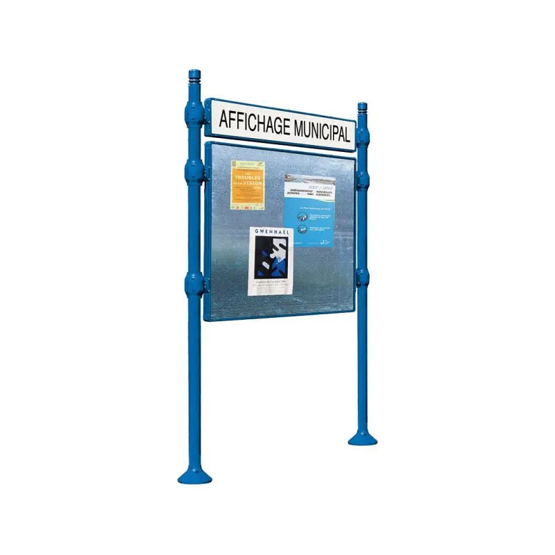 Panneau d'affichage horizontal en extérieur à fixer avec bandeau titre, avec pommeau city bleu
