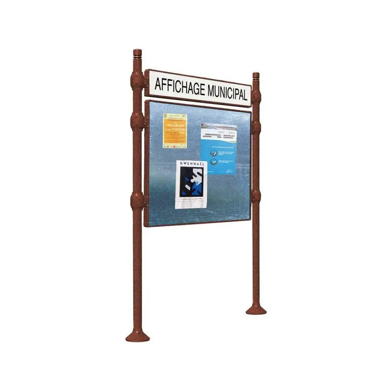 Panneau d'affichage horizontal en extérieur à fixer avec bandeau titre, avec pommeau city corten