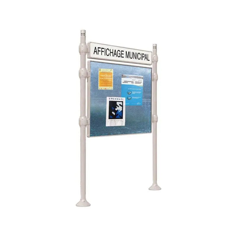 Panneau d'affichage horizontal en extérieur à fixer avec bandeau titre, avec pommeau city gris clair