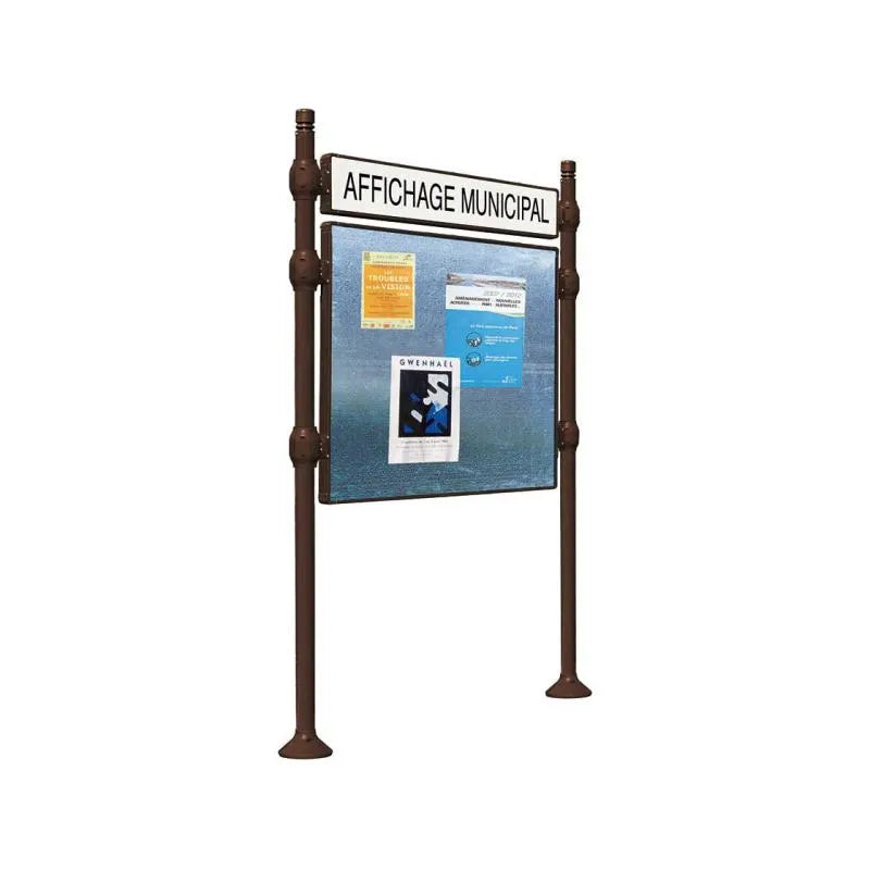Panneau d'affichage horizontal en extérieur à fixer avec bandeau titre, avec pommeau city marron