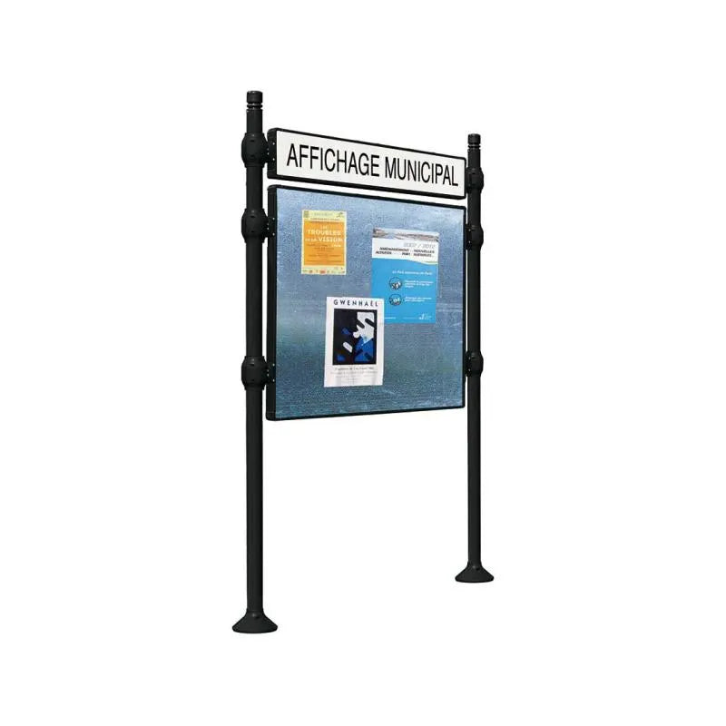 Panneau d'affichage horizontal en extérieur à fixer avec bandeau titre, avec pommeau city noir