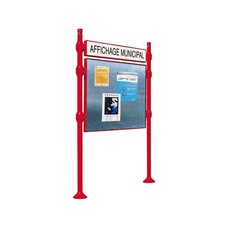 Panneau d'affichage horizontal en extérieur à fixer avec bandeau titre, avec pommeau city rouge