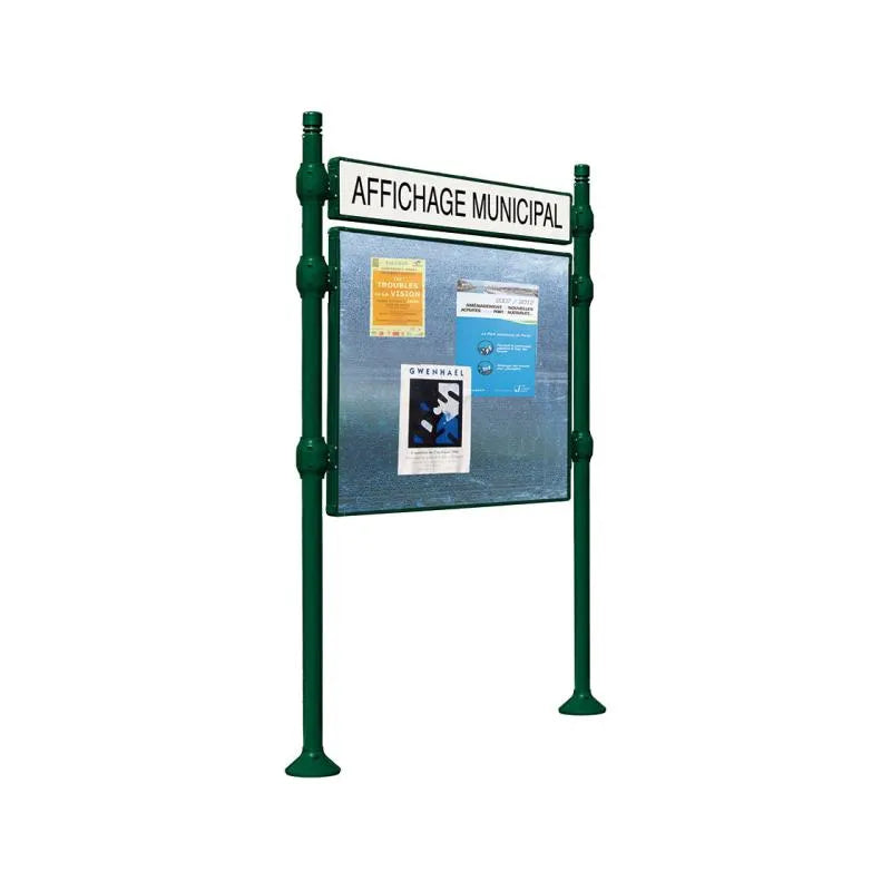 Panneau d'affichage horizontal en extérieur à fixer avec bandeau titre, avec pommeau city vert