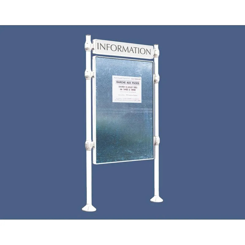 Panneau d'affichage vertical en extérieur à fixer avec bandeau titre, avec pommeau en inox brossé blanc
