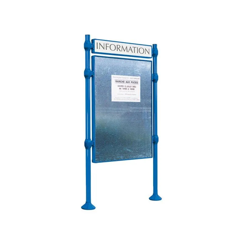 Panneau d'affichage vertical en extérieur à fixer avec bandeau titre, avec pommeau en inox brossé bleu
