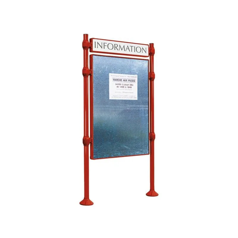 Panneau d'affichage vertical en extérieur à fixer avec bandeau titre, avec pommeau en inox brossé bordeaux