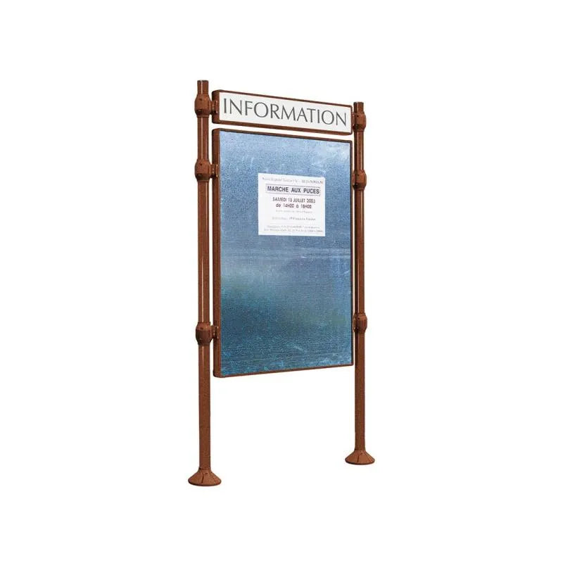 Panneau d'affichage vertical en extérieur à fixer avec bandeau titre, avec pommeau en inox brossé corten