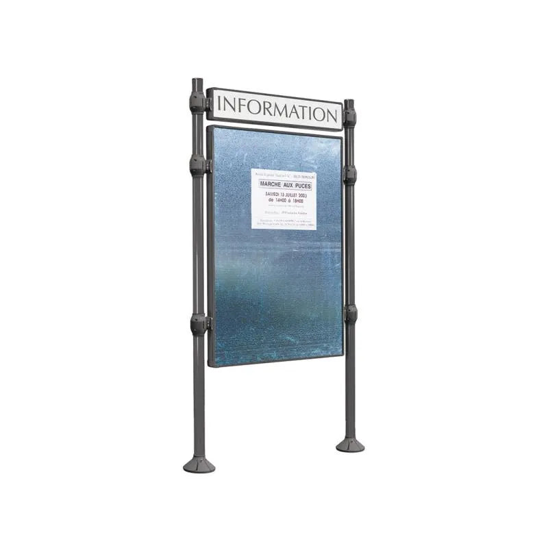 Panneau d'affichage vertical en extérieur à fixer avec bandeau titre, avec pommeau en inox brossé gris city