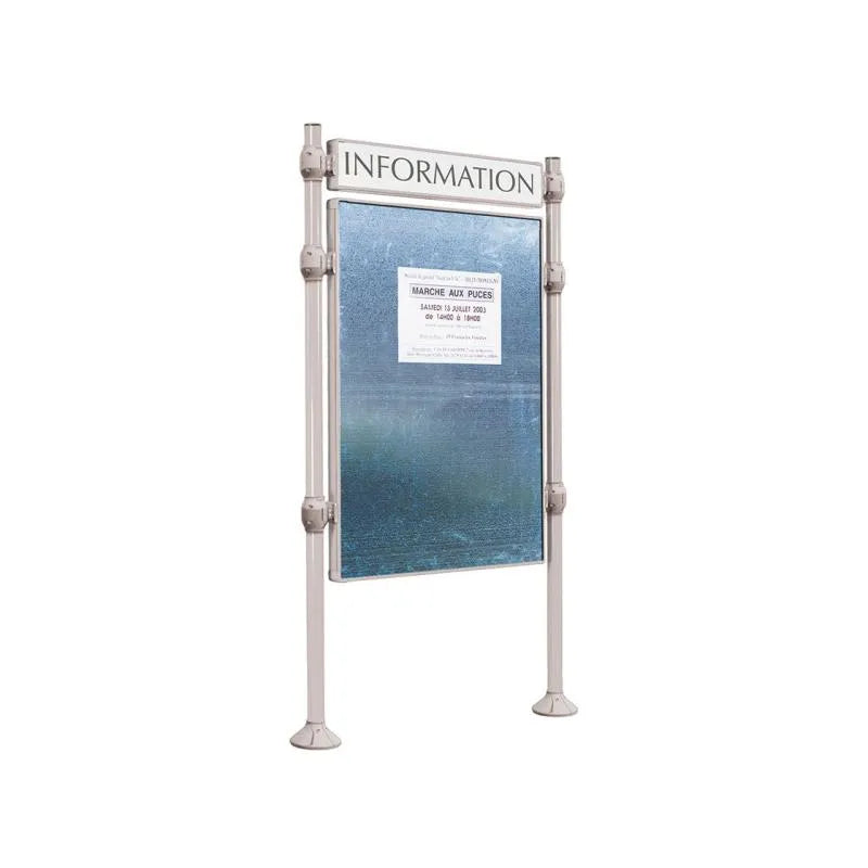 Panneau d'affichage vertical en extérieur à fixer avec bandeau titre, avec pommeau en inox brossé gris clair