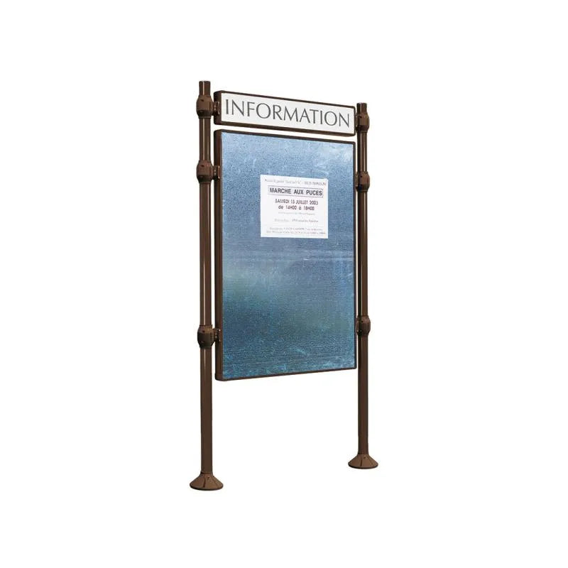 Panneau d'affichage vertical en extérieur à fixer avec bandeau titre, avec pommeau en inox brossé marron