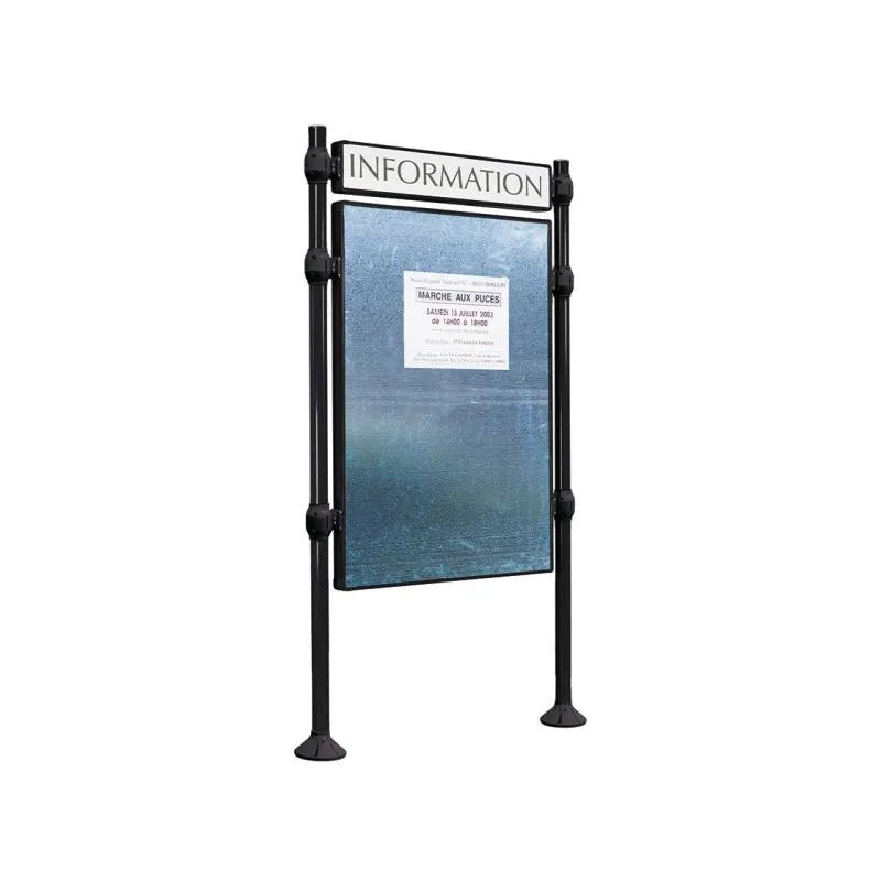 Panneau d'affichage vertical en extérieur à fixer avec bandeau titre, avec pommeau en inox brossé noir