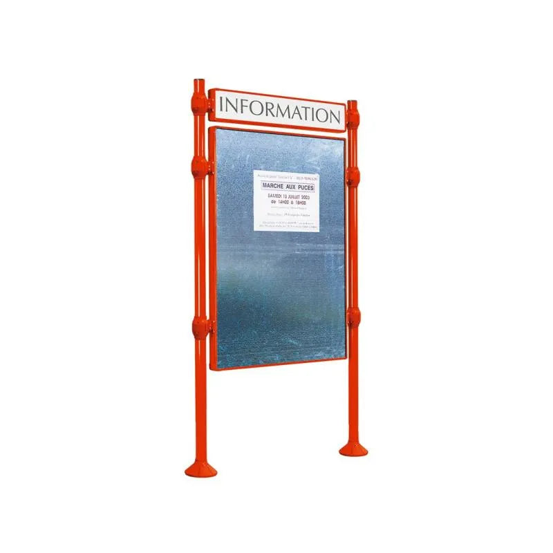 Panneau d'affichage vertical en extérieur à fixer avec bandeau titre, avec pommeau en inox brossé rouge