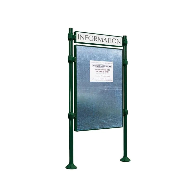 Panneau d'affichage vertical en extérieur à fixer avec bandeau titre, avec pommeau en inox brossé vert