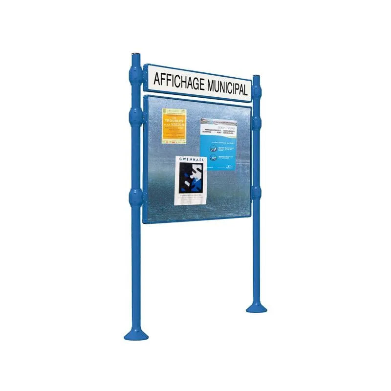 Panneau d'affichage horizontal en extérieur à fixer avec bandeau titre, avec pommeau en inox brossé bleu
