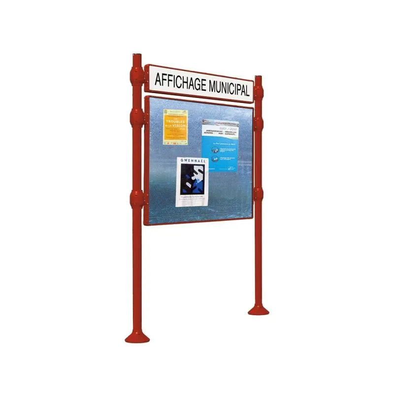 Panneau d'affichage horizontal en extérieur à fixer avec bandeau titre, avec pommeau en inox brossé bordeaux
