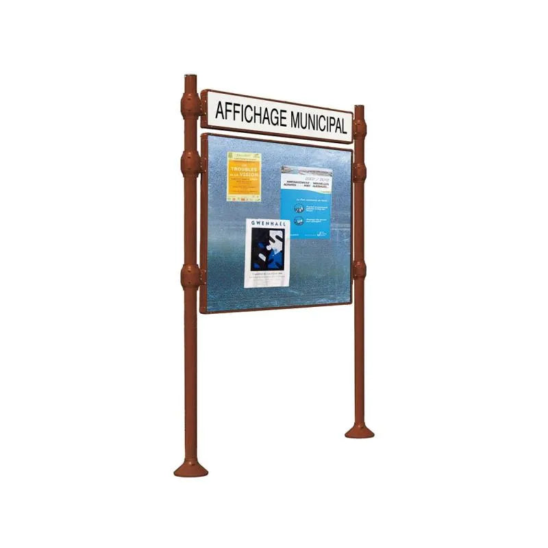 Panneau d'affichage horizontal en extérieur à fixer avec bandeau titre, avec pommeau en inox brossé corten