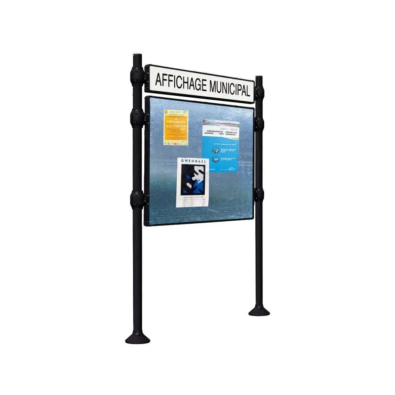 Panneau d'affichage horizontal en extérieur à fixer avec bandeau titre, avec pommeau en inox brossé noir