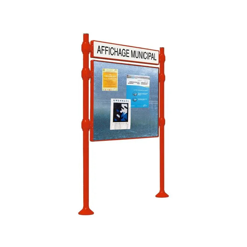 Panneau d'affichage horizontal en extérieur à fixer avec bandeau titre, avec pommeau en inox brossé rouge