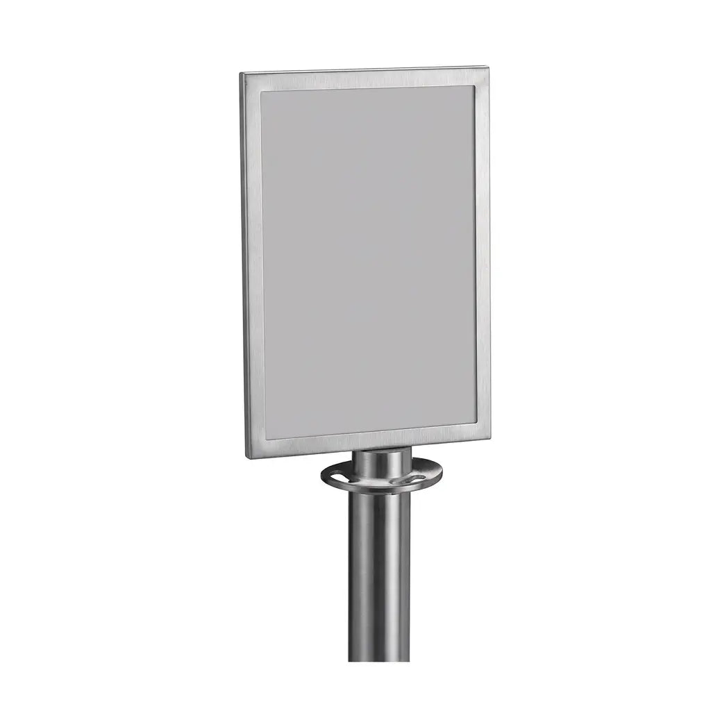 Porte-affiche A4 vertical cadre inox vissé en tête de poteau de guidage