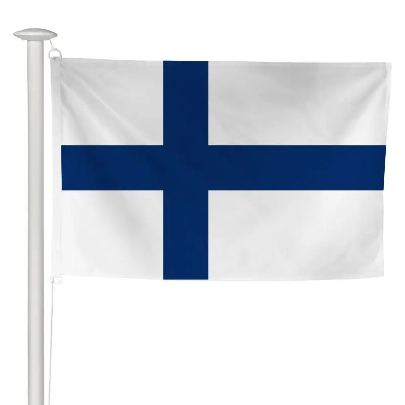 Pavillon finlandais à hisser sur mât de façade, croix bleue sur fond blanc