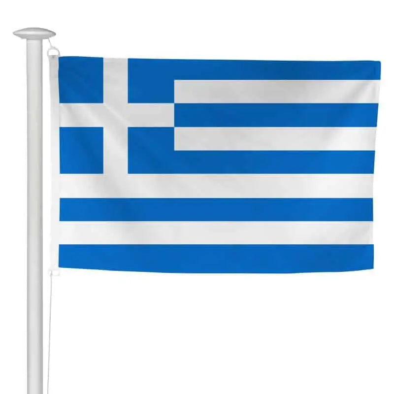 Pavillon grec à hisser sur mât de façade, rayures bleues et blanches et croix blanche