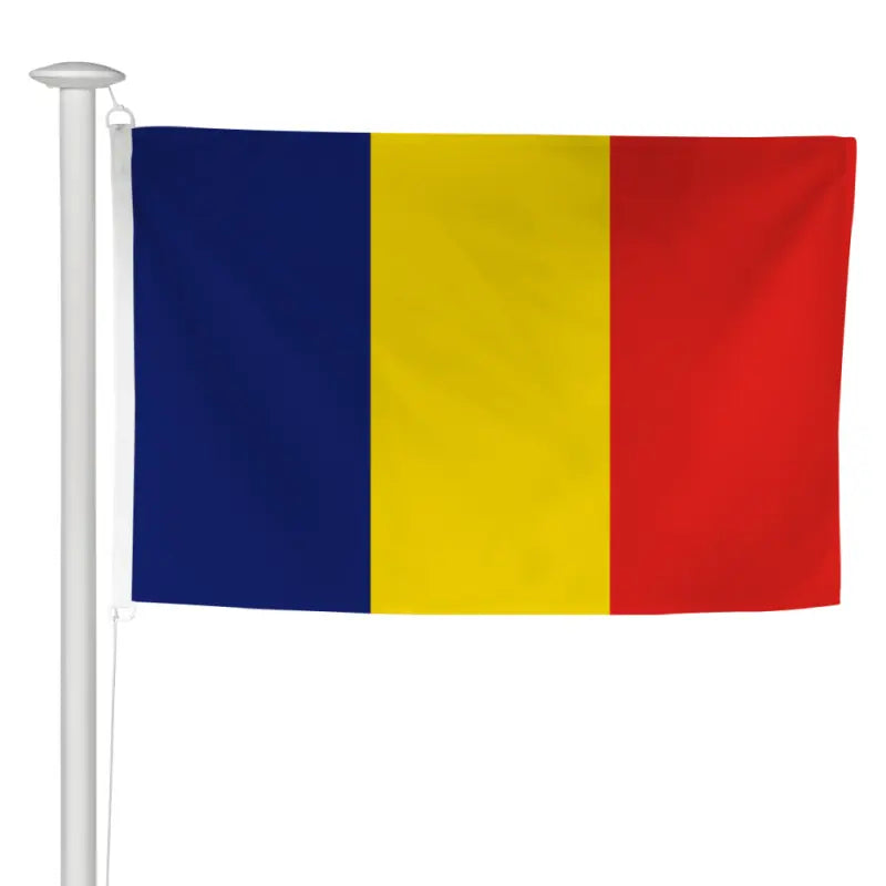 Pavillon roumain à hisser sur mât de façade, trois bandes verticales bleue, jaune et rouge